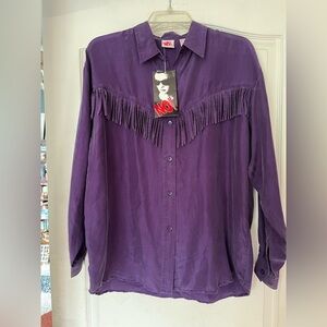 Vintage Deadstock No Boundaries Purple Silk Fringe Button-Up Shirt - Medium